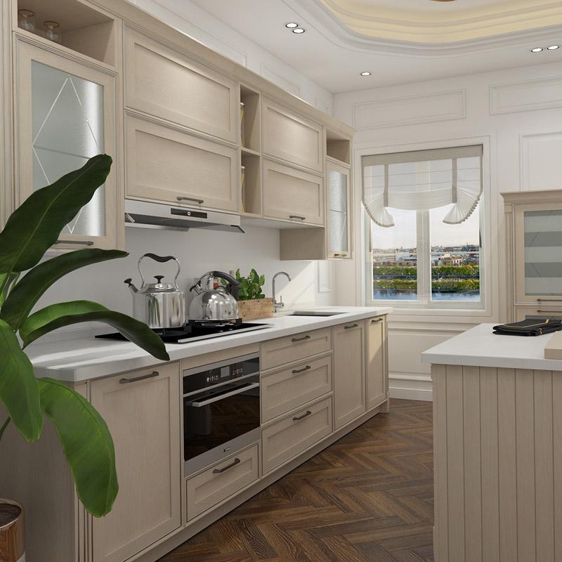 Kabinet dapur PVC reka bentuk mewah warna Beige klasik dengan aksesori penyimpanan