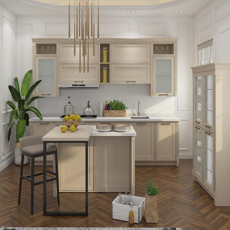 Kabinet dapur PVC reka bentuk mewah warna Beige klasik dengan aksesori penyimpanan